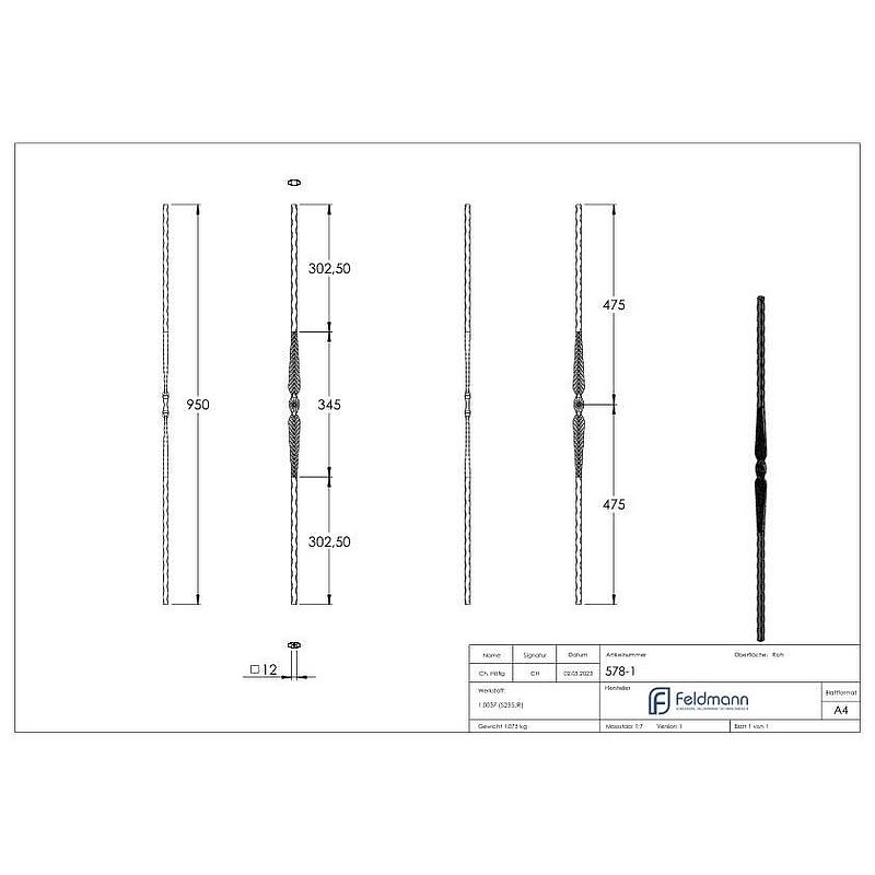 Barre d'ornement 12x12mm, forgée, H : 950mm