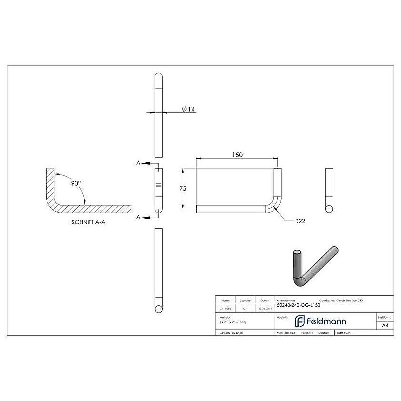 Étrier Ø 14mm, courbé à 90°, sans taraudage, V2A