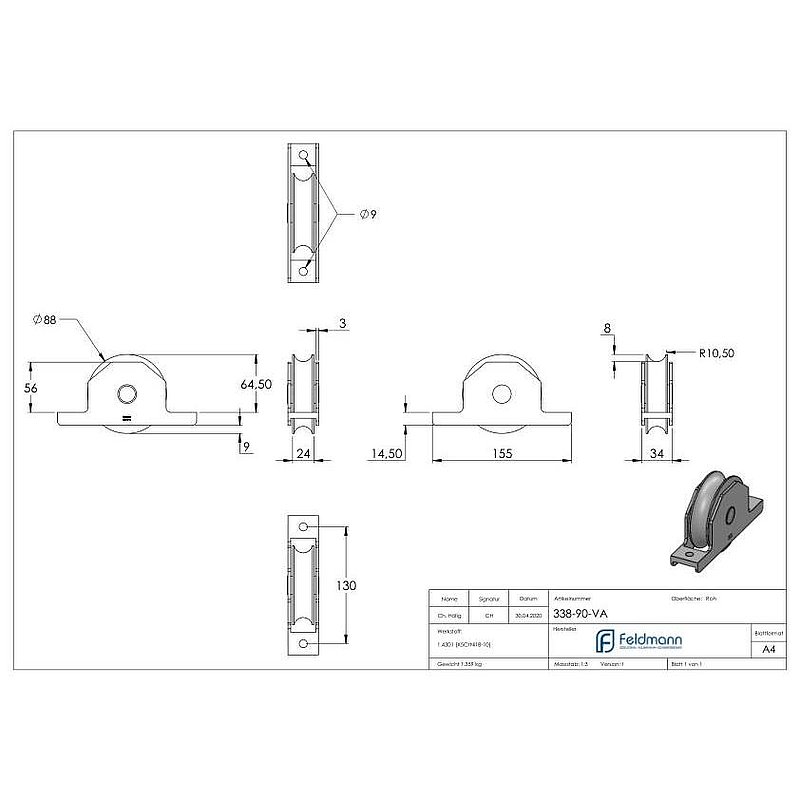Schiebetorrolle, Rundrille, Ø 88mm, V2A