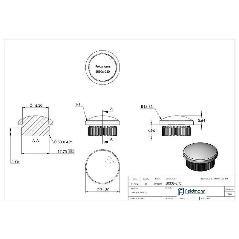 Bouchon pour extrémité de tube, pour tube 21,3x2,0mm, V2A