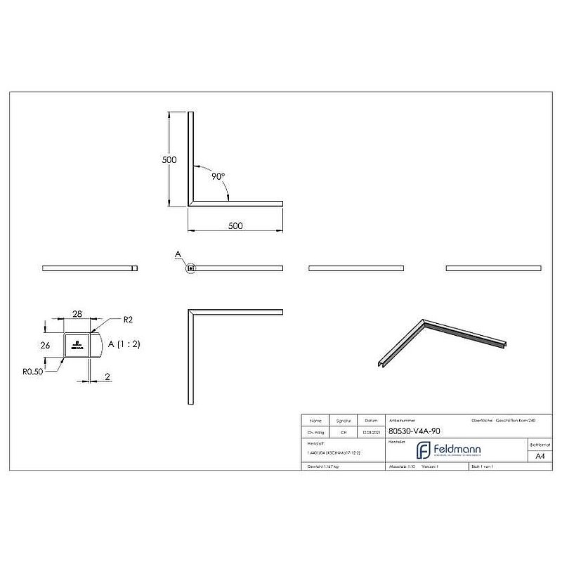 Edelstahl-U-Profil 90° Ecke, 500x500mm, V4A
