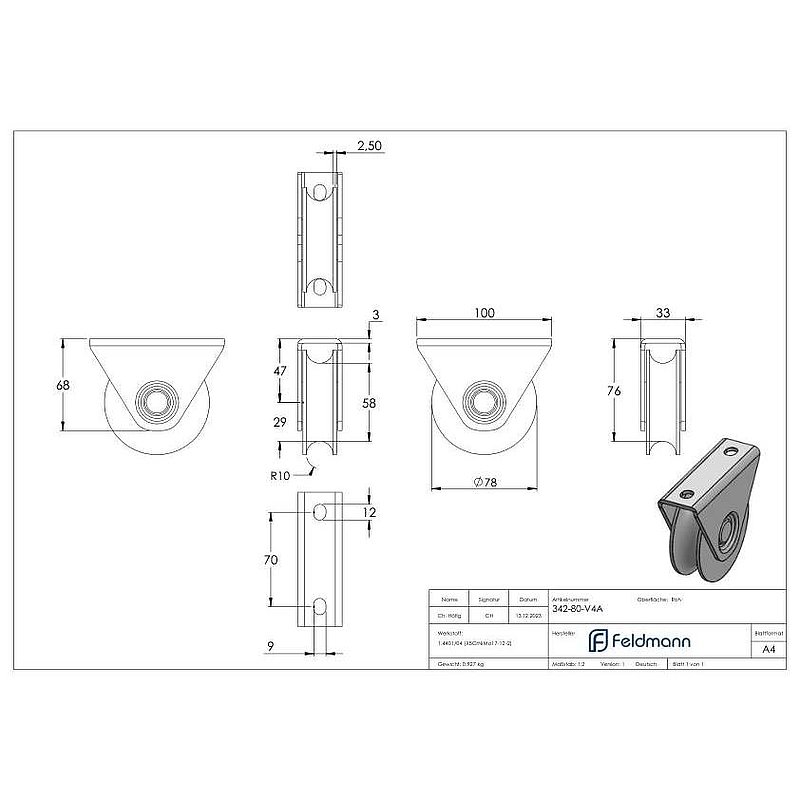 Schiebetorrolle Ø 80mm mit Rundrille Ø 20mm, V4A
