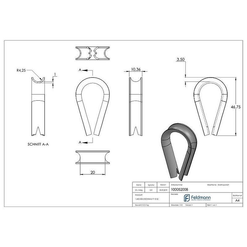 Thimble for rope 8mm, AISI316