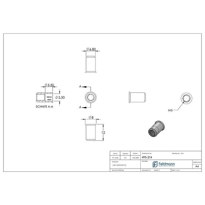 Blind-Einnietmutter, V2A, M5/Loch 7mm, V2A