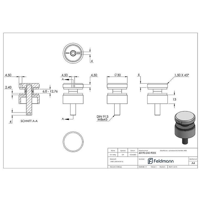 Glass point holder 30mm, connection: flat, V2A, powder coated RAL 9005 black matt
