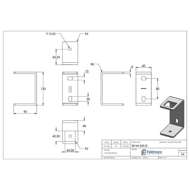 Wandbefestigung für Geländerpfosten 40x40mm, V2A