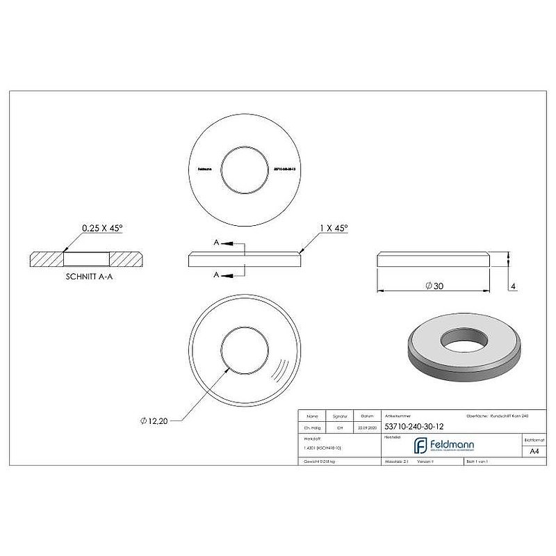 Ronde, Ø 30x4mm, mit Bohrung 12,2mm, V2A