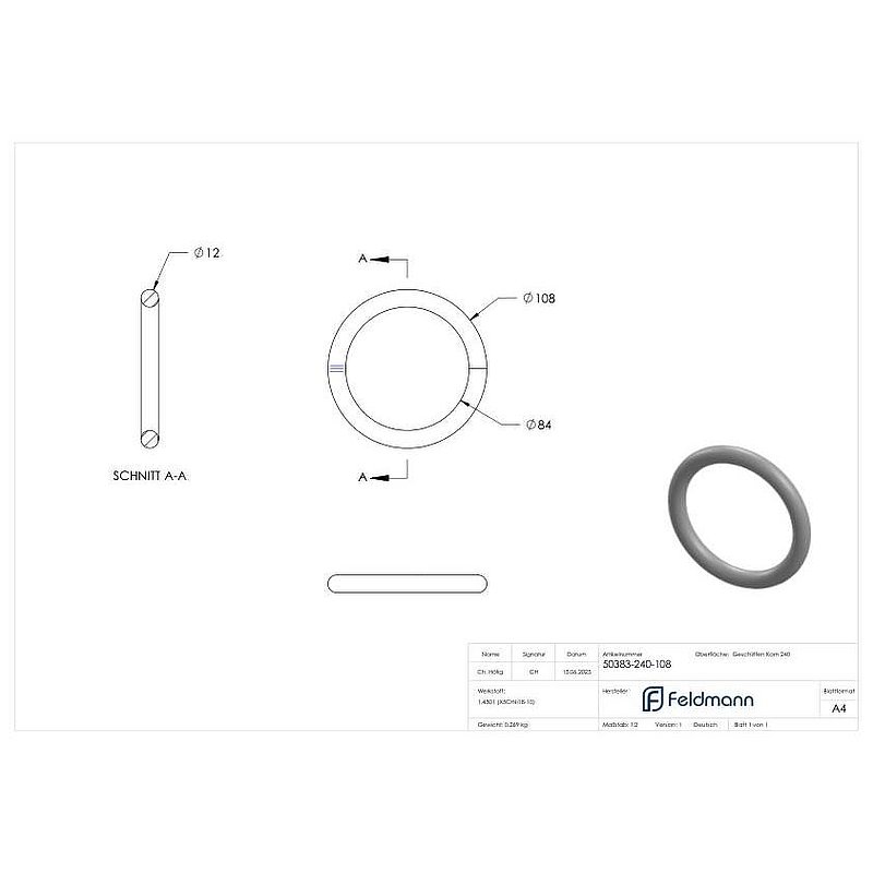 ring made in Ø 12mm, outer-Ø 108mm, AISI304