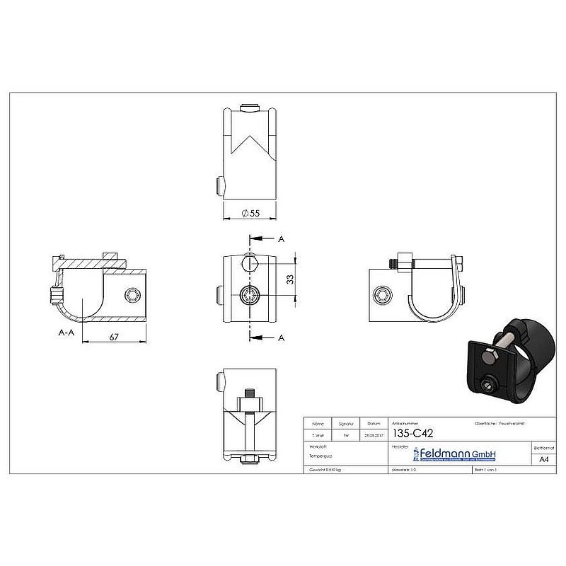 T-piece with screw, for 42.4mm pipe