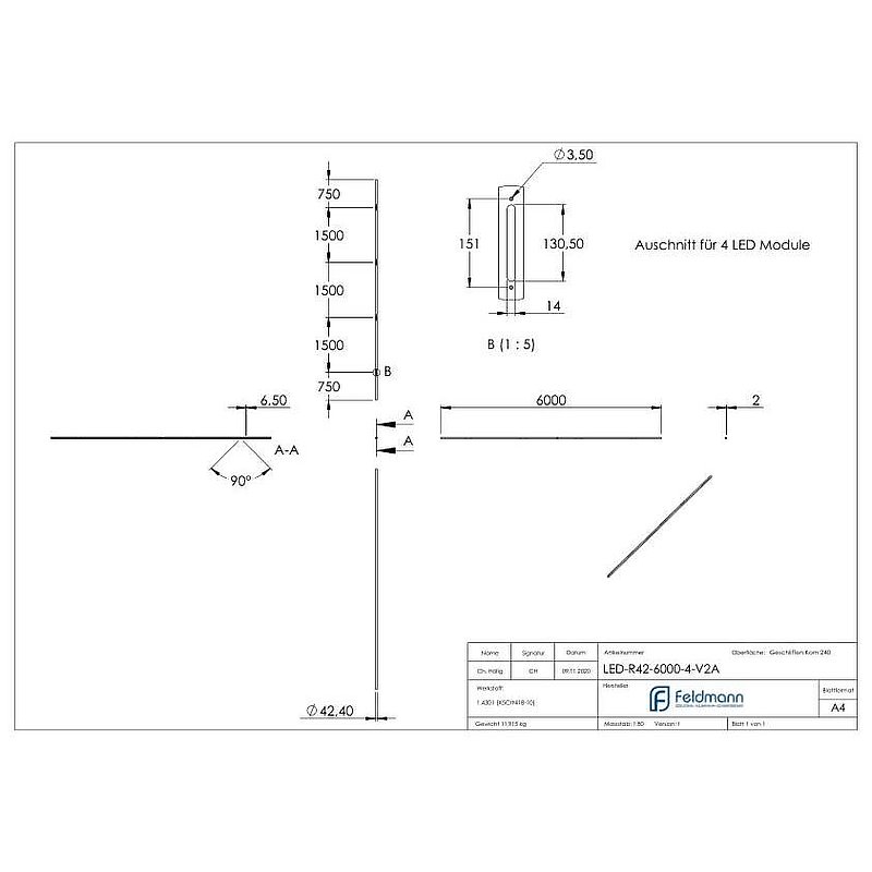 Stainless steel tube 42.4x2.0mm for LED modules, AISI304