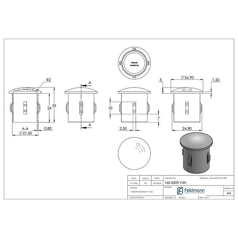 Tube end plug, for tube 26.9x1.6 - 2.5 mm, AISI316