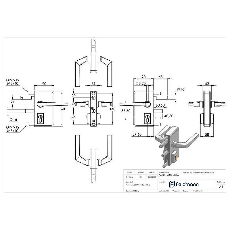 Serrure à grille GTS 2 pour tube de 40-60mm d'épaisseur, boîtier RAL 7016