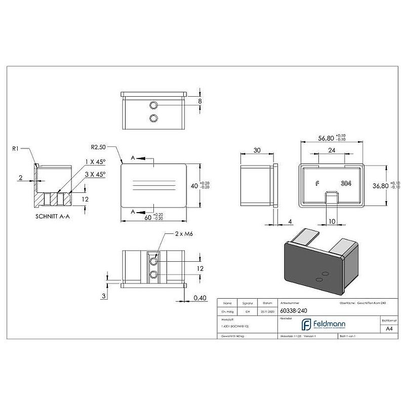 Embout, plat, tube rectangulaire à fond de gorge 60x40x1,5mm, V2A
