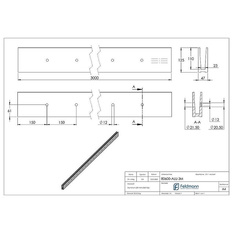 Profilé aluminium ELEGANZA STRONG, montage latéral, L: 3000mm