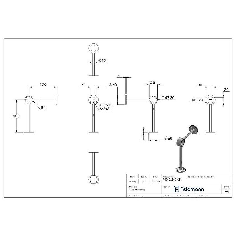Footrail support, for tube 42.4 mm, AISI304
