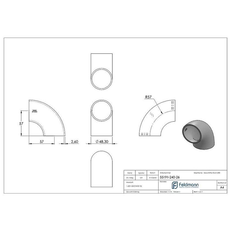 Schweißbogen 90°, 48,3x2,6mm, V2A