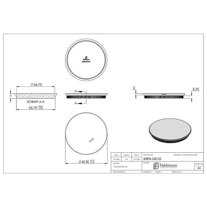 Rohrabschlussstopfen, für Rohr 60,3x2,5mm, V2A