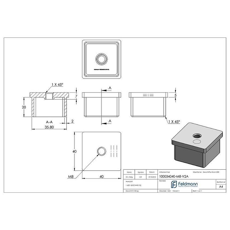 Einsteckkappe, für Rohr 40x40x2,0mm, V2A