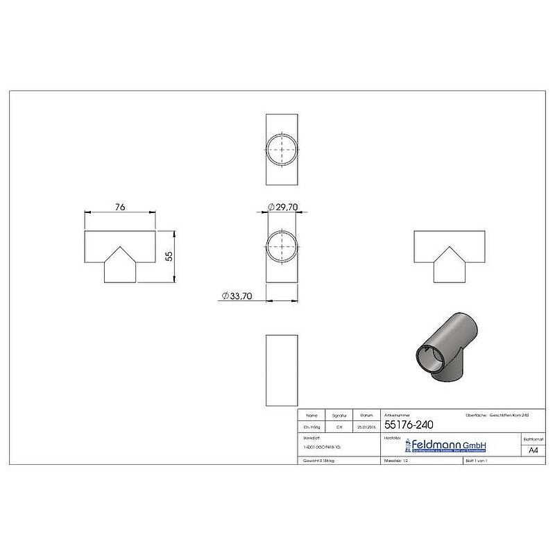 T-Stück, 33,7x2,0mm, V2A