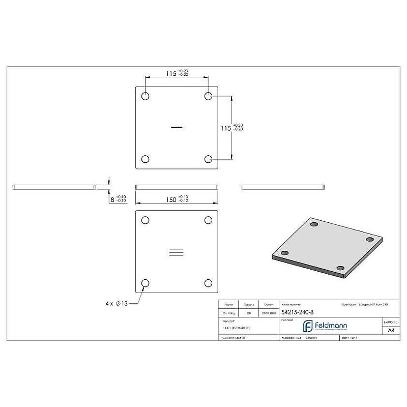 Anchor plate, 150x150x8mm, with longitudinal grinding, AISI304