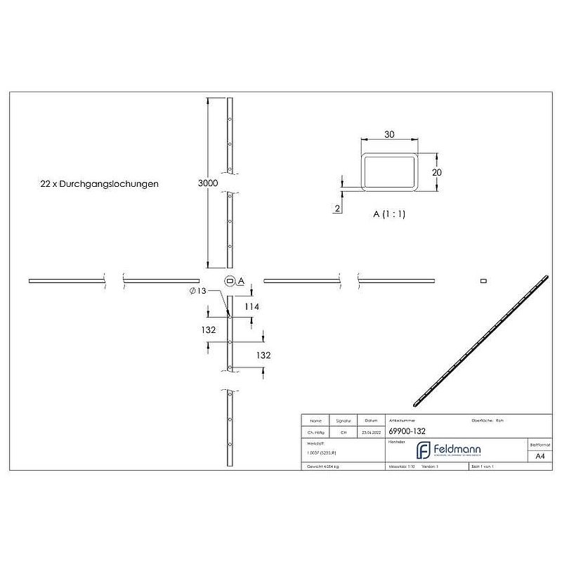 Rechteckrohr 30x20x2mm, Löcher für Ø 12mm mit Abstand Mitte-Mitte 132mm, L: 3000mm