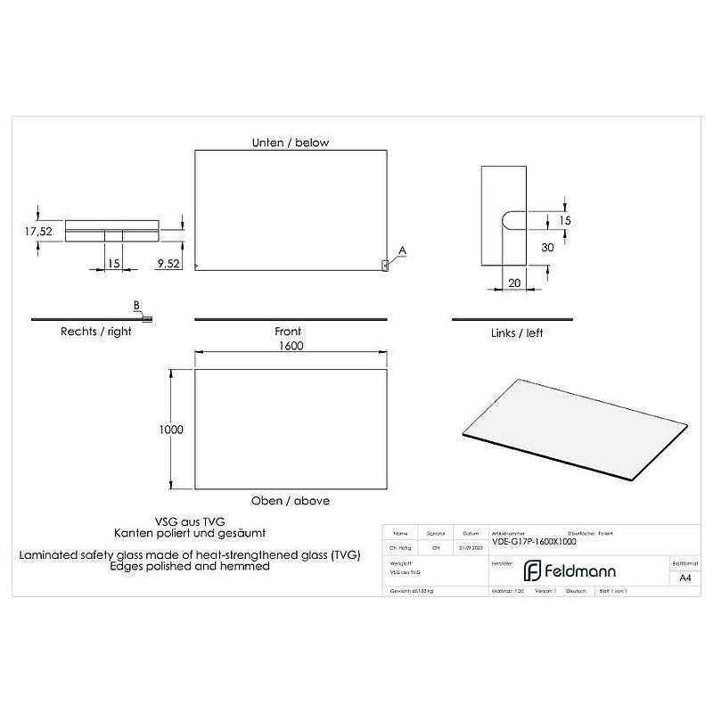 Eleganza canopy Glas: 1600x1000mm VSG aus 2x8mm TVG mit 1,52mm PVB