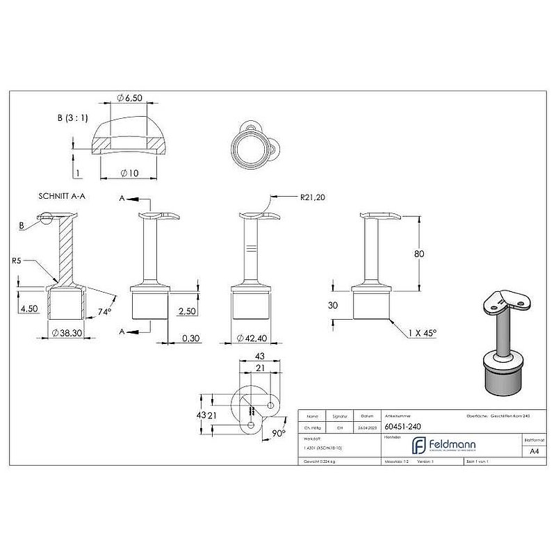 Tube end plug for tube 42.4x2.0mm, handrail connection plate 90°, AISI304
