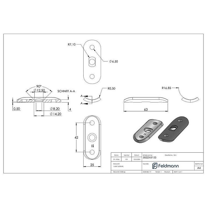 Handrail connection plate S235JR, pipe connection 33.7mm