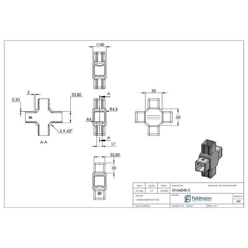 Connector for tube 40x40x3.00mm, AISI316