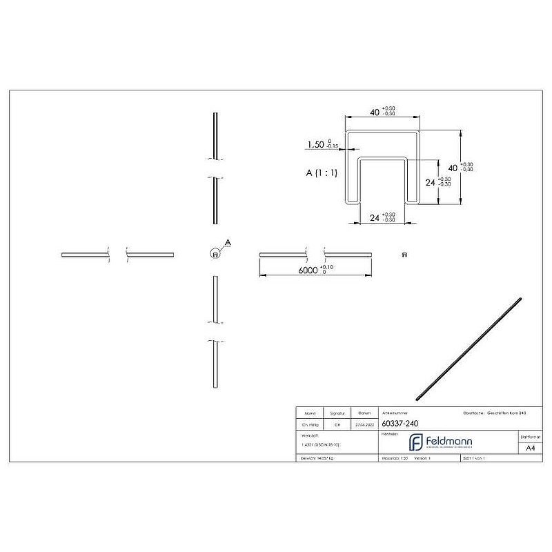Quadratnutrohr, 40x40x1,5 mm, L: 6000mm, V2A