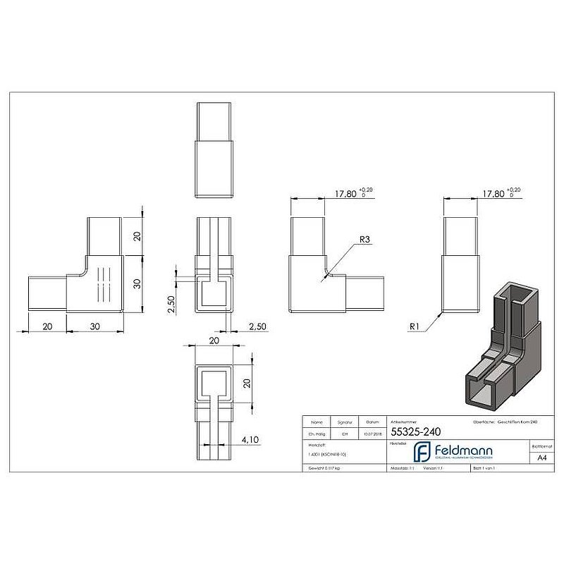 Corner connector for square clamping profile 20x20x1.25 mm, AISI304