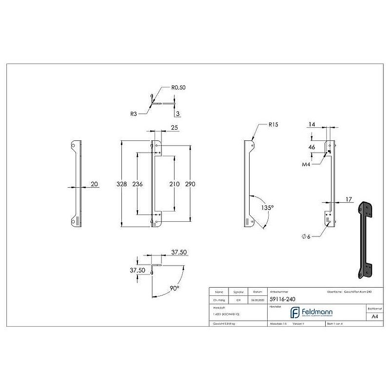 Stop plate with rubber buffer made of stainless steel, 37.5x37.5x328mm, AISI304
