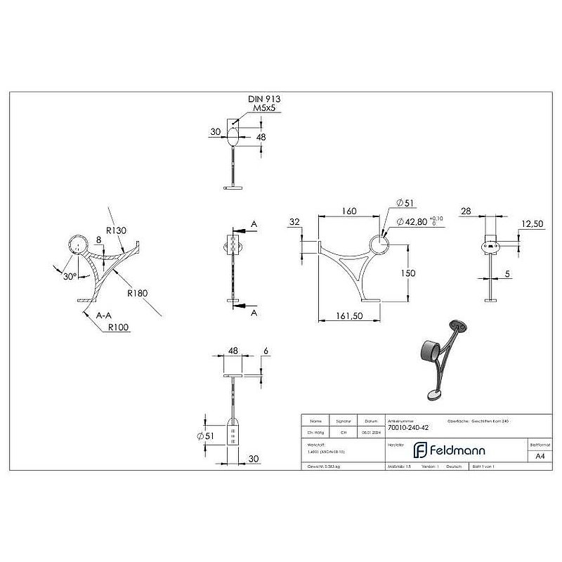 Footrail support, for tube 42.4 mm, AISI304