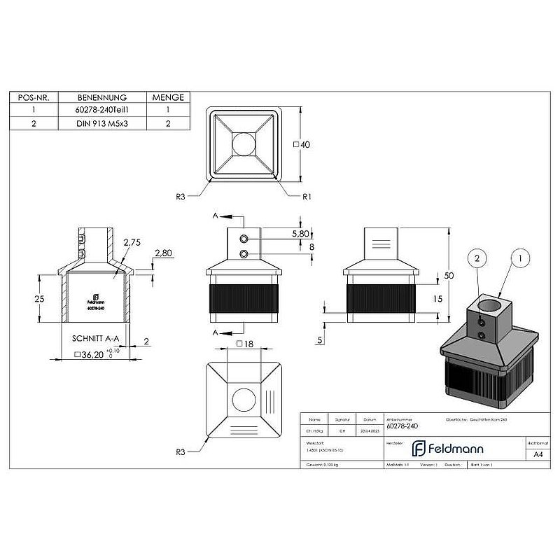 Bouchon pour 40 x 40 x 2,0mm avec perçage 12,2mm, V2A