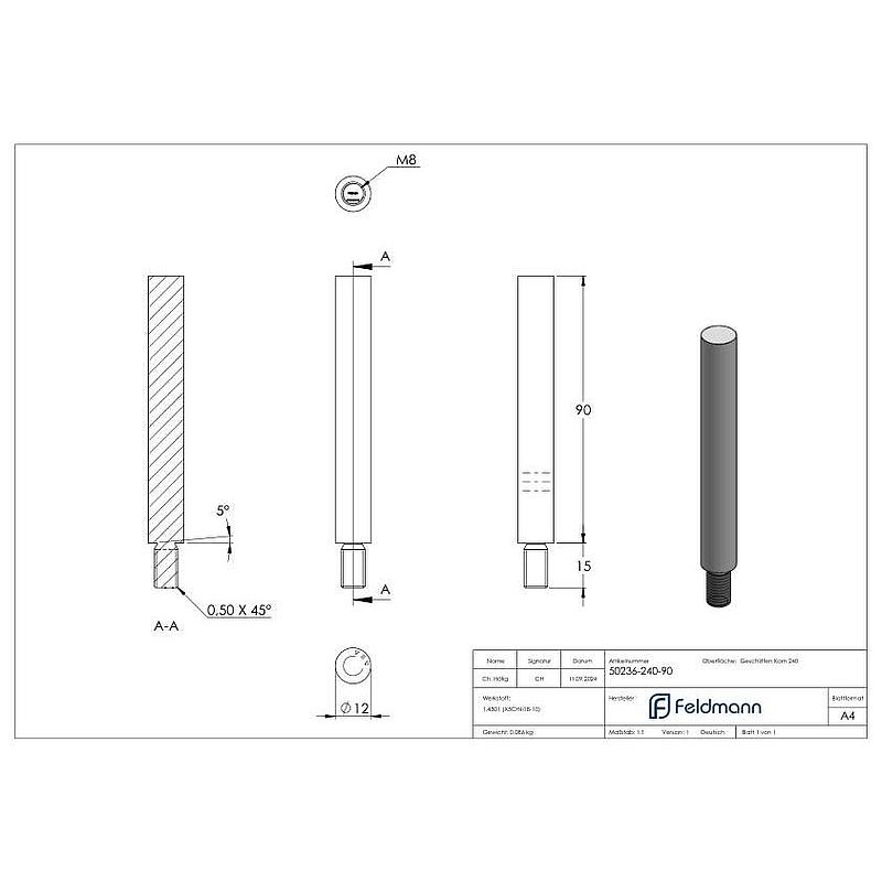 Stift Ø 12mm, L: 90mm, V2A