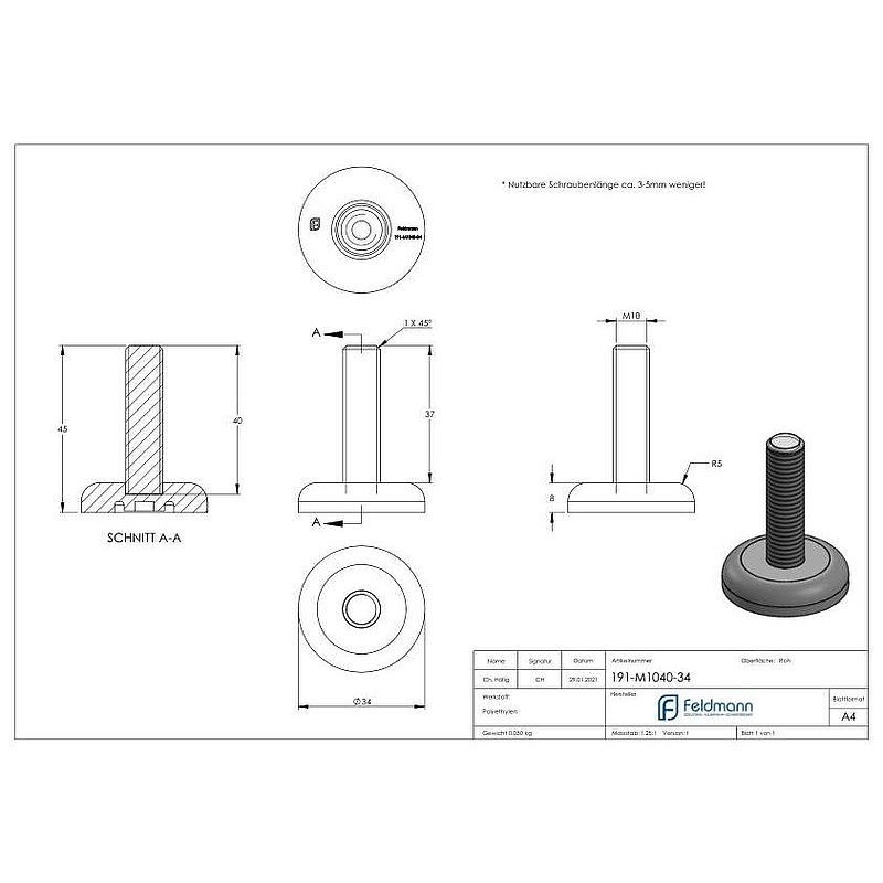 Levelling foot with floor levelling screw M10x40