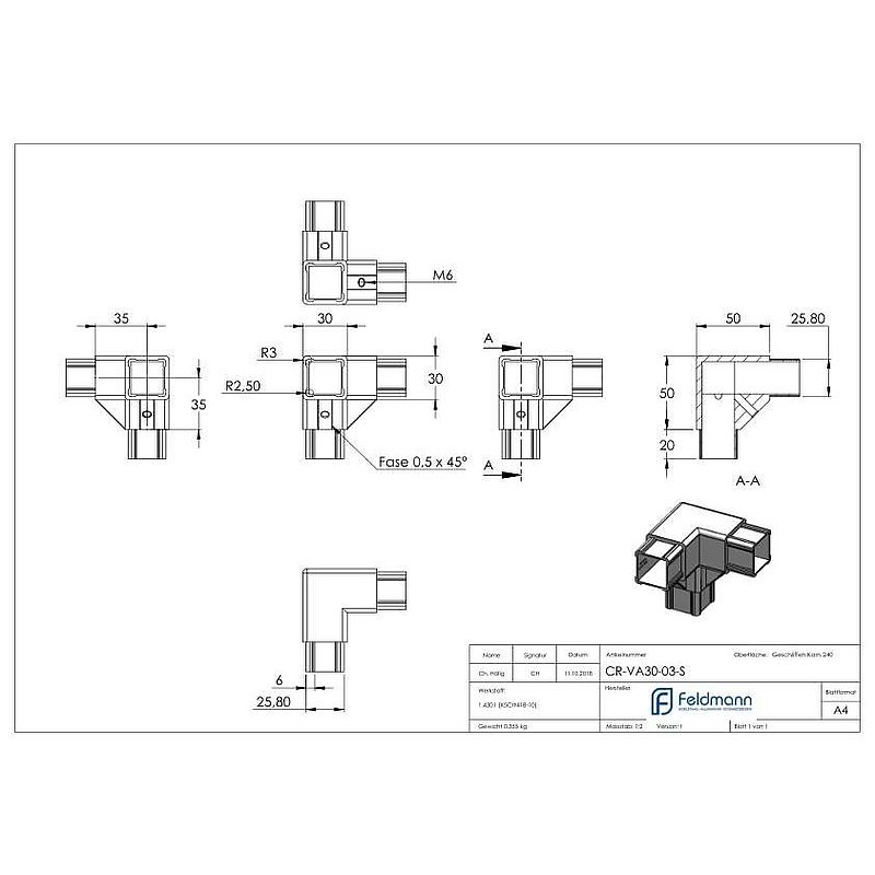 CORNECT® corner 90° with outlet, AISI304