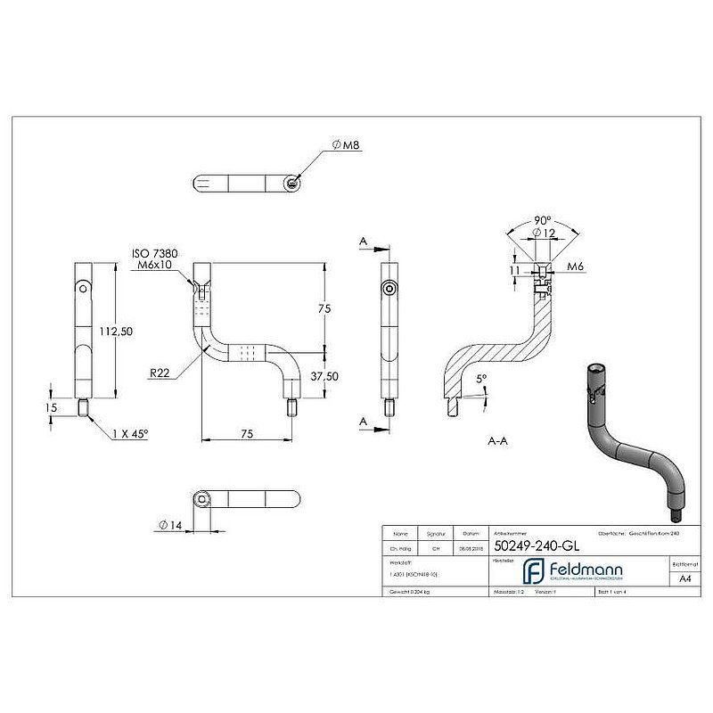 Bügel Ø 14mm, 2x 90° gebogen, V2A