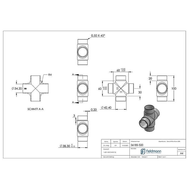 Kreuzstück, für Rohr 42,4x2,0mm, V2A