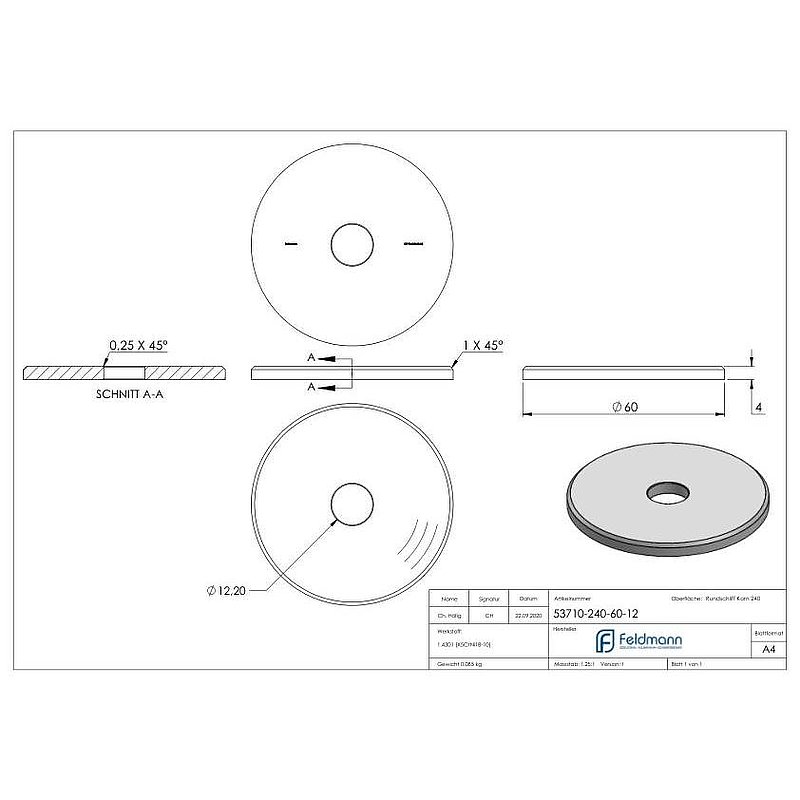 Ronde, Ø 60x4mm, mit Bohrung 12,2mm, V2A