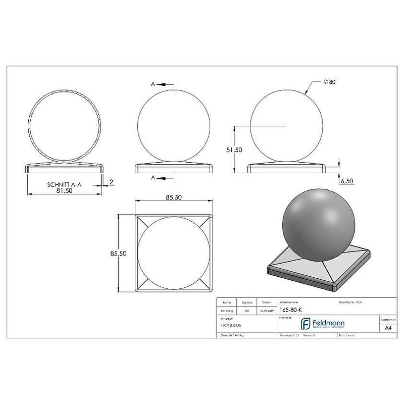 Pillar cover 80x80mm with hollow ball Ø 80mm