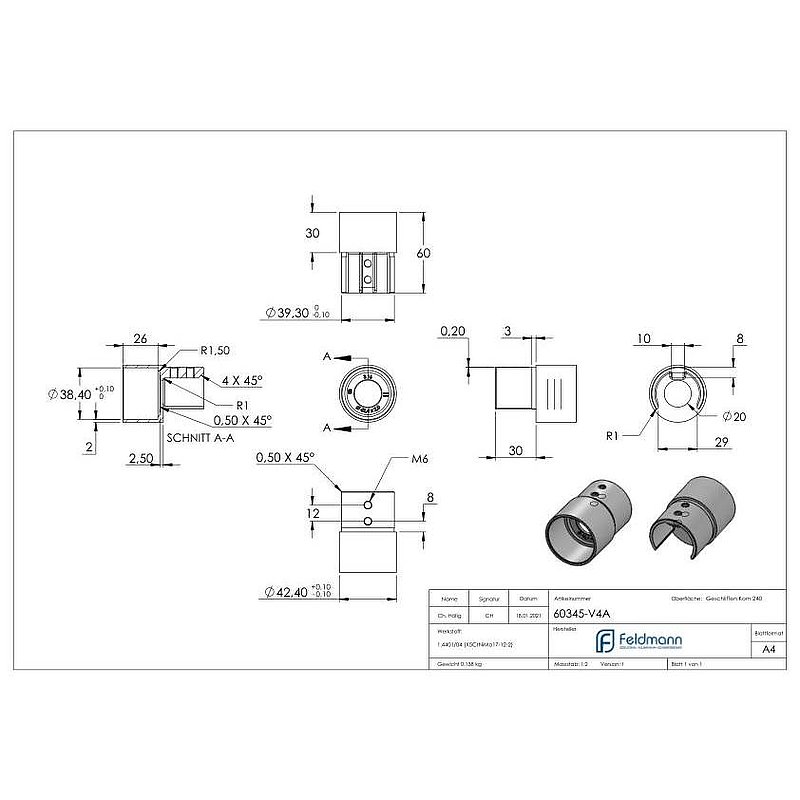 Verbinder für Nutrohr 42,4x1,5mm, V4A