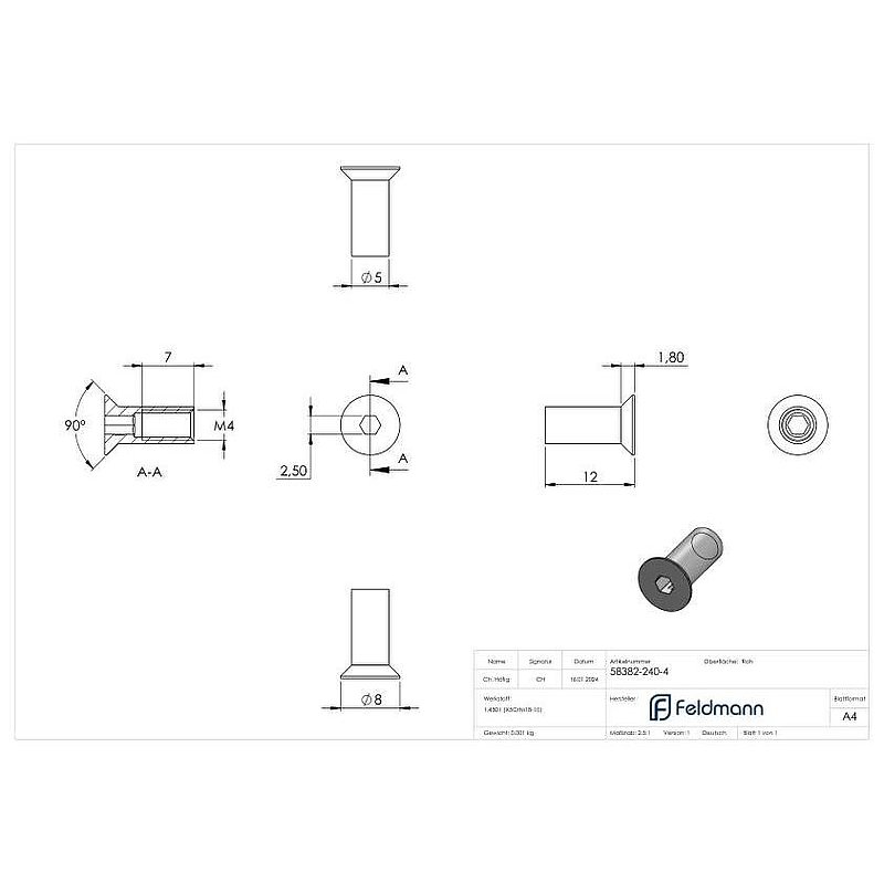 Sleeve nut with countersunk head and ISK, M4x12, AISI304