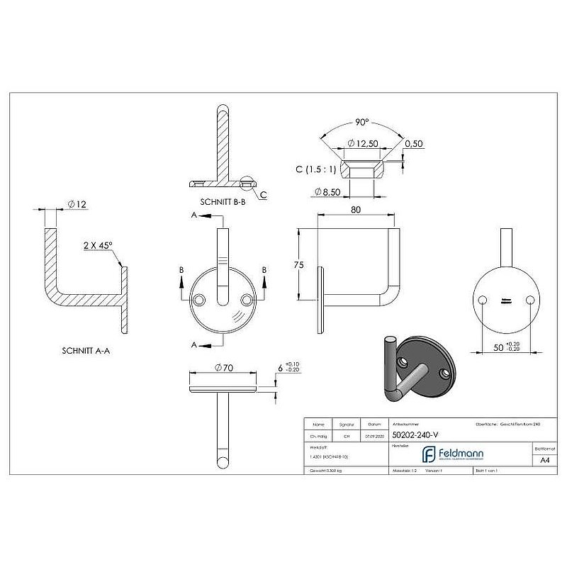 Handrail bracket for welding (round plate and bracket welded), AISI304