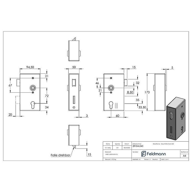 Stainless steel lock case with galvanised lock, dimensions: 50x94.5x173mm