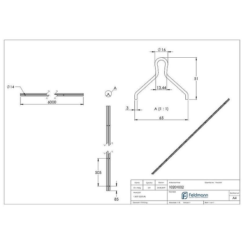 Laufschiene 16mm, L: 6000mm zum Einbetonieren