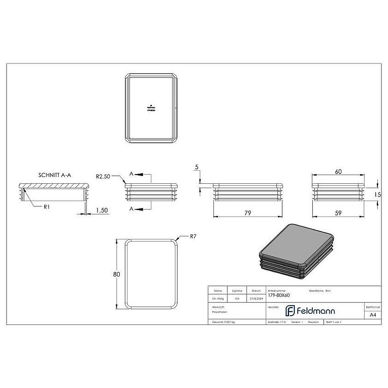 Plastic end cap for rectangular tube 80x60mm