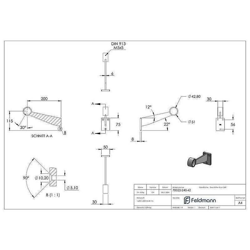 Footrail / handrail support, for tube 42.4mm, AISI304
