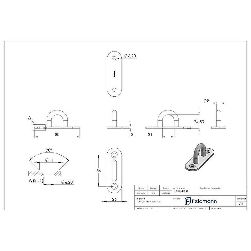 Fixing eyelet with oval plate AISI316