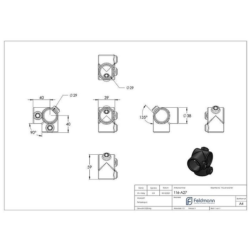 Eckstück, für Rohr Ø 26,9mm